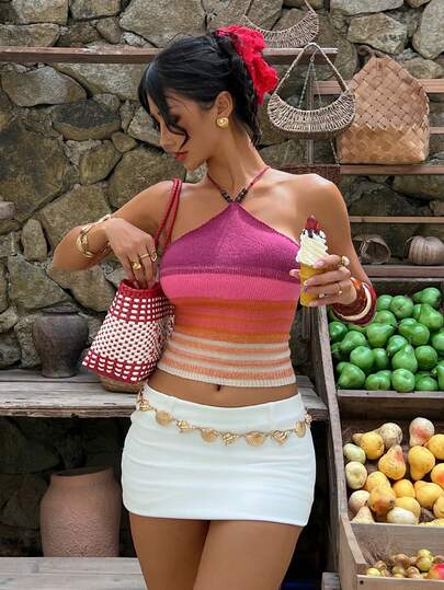 Aloruh New Spring/Summer Sexy Boho Bohemian Vacation Beaded Halter Backless Colorful Floral Mesh Knit Blouse
