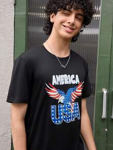 Open Phase Men's Casual Eagle Letter Printed Short Sleeve T-Shirt , Retro American, Unisex, Relaxed Fit Summer Outfits – Suitable For Everyday Wear And Summer Holiday Outfits. - Black - View 4