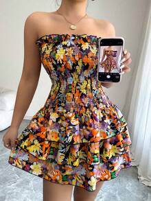 Elenzga Allover Floral Print Bustier Dress With Ruffle Hem, Sexy For Women - Multicolor - View 6