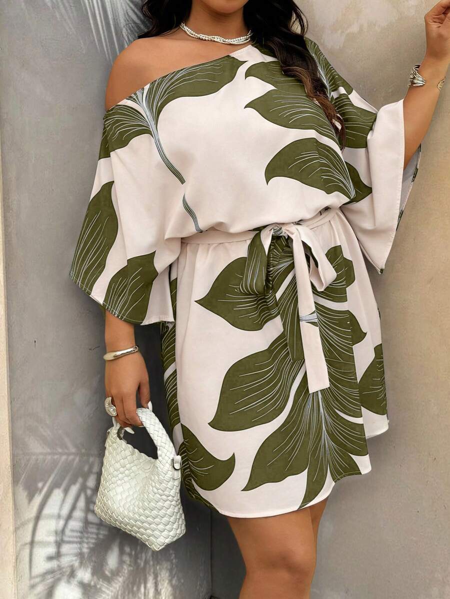 Weeklong Plus Size Women's Spring/Summer Vacation Asymmetrical Shoulder Cinched Waist Solid Color Large Floral Print Mini Dress - Multicolor - View 1