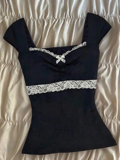 Glimmora Áo kiểu nữ ôm dáng, trang trí nơ ren, kiểu dáng thường ngày.