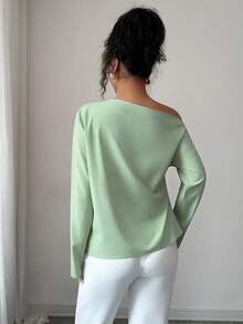 Elenzga Blusa de manga larga con volantes y hombros oblicuos para mujer, nueva para el otoño - Verde - Ver 2
