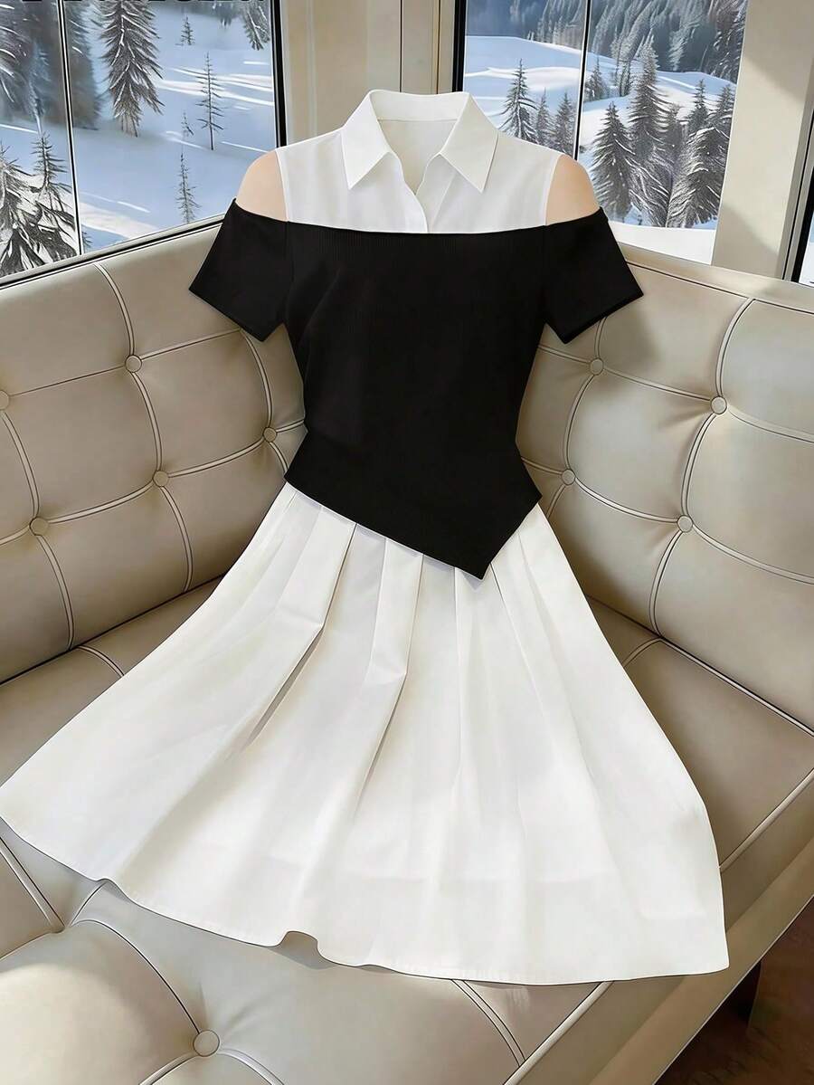 GlowEve CURVE Vestido de mujer con cuello polo, cintura ceñida, volantes tejidos y diseño versátil y elegante - Blanco y Negro - Ver 1