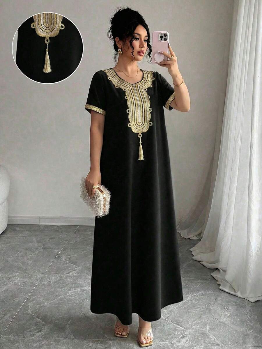 Rafferiza 女士优雅通勤金色蕾丝边超长连衣裙夏季大学服装 - 黑色 - 查看 1