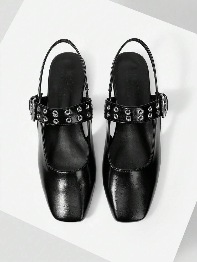 WOMEN'S FASHION RETRO COMMUTER VERSATILE COMFORTABLE CASUAL BLACK OILY LEATHER-TEXTURED VAMP STRAP HEEL STRAP EYELET DETAIL SQUARE TOE FLAT SHOES SPRING SHOES