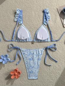 Swim Mod Women's Casual Sexy Vacation Beach Party White And Blue Floral Special Fabric Spaghetti Strap Triangle Cup Floral Pendant 2 Pieces Swimwear Summer - Blue - View 3