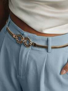 Petite Pantalones de traje blancos de primavera, pantalones de traje con decoración de cinturón metálico de unicolor moderno y urbano - Celeste - Ver 2