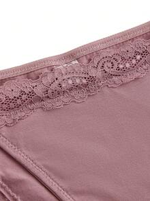 Ocili 3条装舒适简约100%纯棉蕾丝边弹力腰女士内裤，时尚秋季款 - 紫色 - 查看 7