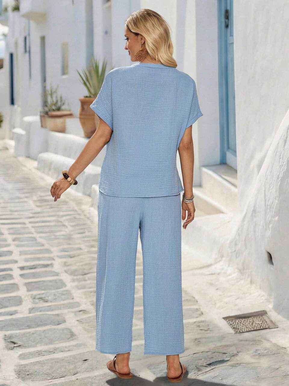 Women's Light Blue Summer Casual 2 Pieces Set, Short Sleeve Shirt And Pants Outfits For Vacation, Work Office, Country Style, Occasion