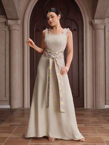 Modelyn Vestido Longo Feminino com Estampa Geométrica e Cintura Torcida, Vestido Formal Feminino para Recepção, Vestido de Ocasião para Senhoras, Vestido de Renda Elegante Yisikado, Vestido para Mulher, Vestido para Jantar de Ensaio da Noiva, Vestido de Verão Azul Claro - Damasco - Visão 6