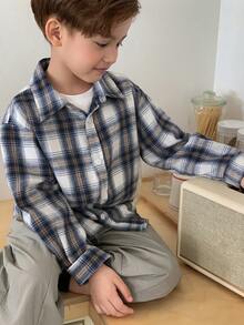 DAZY Áo khoác sơ mi cổ bẻ kẻ caro dáng rộng thoải mái cho bé trai (size nhỏ) - Màu xanh lam - Xem 7