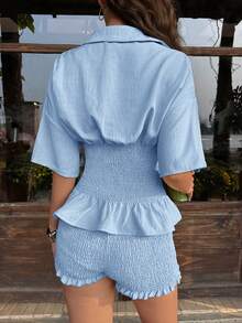 MainGRL 2pcs/Set Wanita Biru Muda Polos Atasan Lengan Pendek dan Celana Pendek dengan Korset di Pinggang, Pakaian Liburan Wanita - Baby Blue - View 2