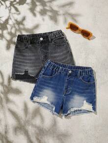 Bộ 2 quần short denim cho bé gái tuổi teen, bán chạy nhất mùa hè, denim xanh nhạt & denim đen, phong cách Y2K sinh viên, thời trang đường phố thường ngày, ống quần rộng thẳng, chất liệu denim cotton thoải mái, họa tiết hoa văn rách, phù hợp mặc hàng ngày, đi học, đi làm, dự tiệc, chuẩn bị cho năm học mới. Hàng mới về - Nhiều màu - Xem 2