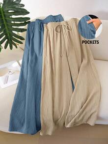 CosyJoli 大码女式休闲纹理雪纺基本款直筒裤 - 彩色 - 查看 1