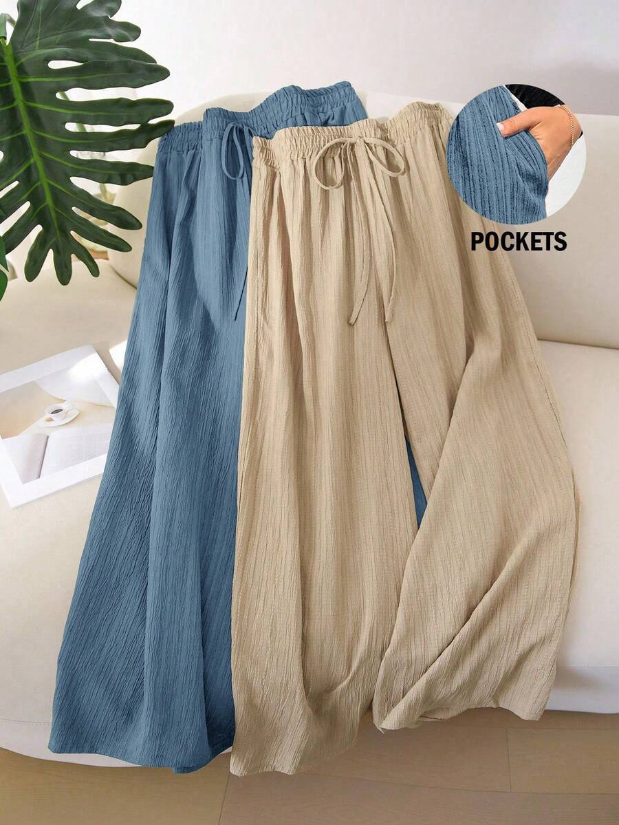 CosyJoli 大码女式休闲纹理雪纺基本款直筒裤 - 彩色 - 查看 1
