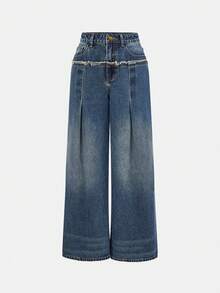 Quần Jeans Ống Rộng Rộng, Dáng Rộng, Thường Ngày, Có Viền Xỉn, Dành Cho Nữ - Màu xanh lam - Xem 4