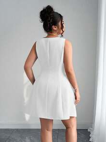 Elenzga 优雅女士蓝色方领开衫连衣裙套装，带假口袋，大码 - 白色 - 查看 2