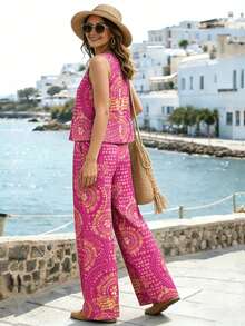 Selamara 2pcs/Set Summer Fashion Printed Sleeveless Top And Wide Leg Pants - Hot Pink - View 2