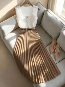 GlowEve Conjunto elegante de 2 piezas con blusa sin mangas de cuello cuadrado blanca y falda plisada marrón para mujer - Multicolor - Ver 3