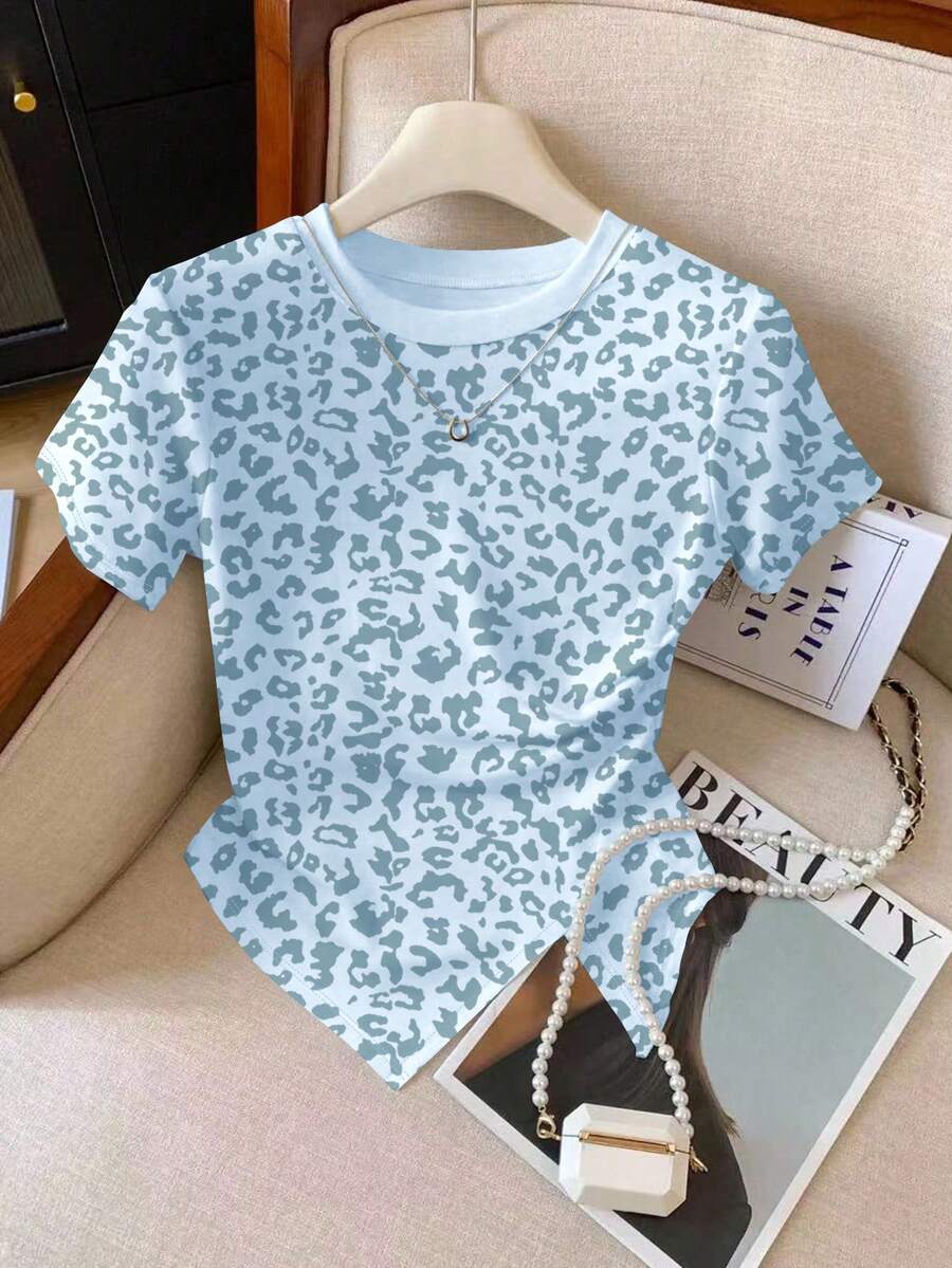 Resyla Women's Leopard Print Fitted Round Neck T-Shirt, Versatile & , Spring/Summer New Arrival - Multicolor - View 1