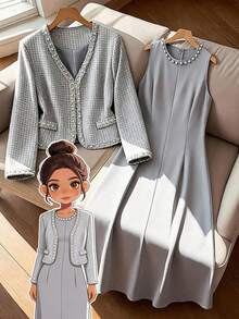 GlowEve CURVE Bộ 2 chiếc áo khoác cardigan tay dài cổ chữ V đính hạt ngọc trai màu đen tương phản thanh lịch dành cho nữ cỡ lớn và váy maxi cổ tròn đính ngọc trai, phù hợp mặc thường ngày, đi làm, dự tiệc vào mùa thu/đông - Màu Xám nhạt - Xem 1