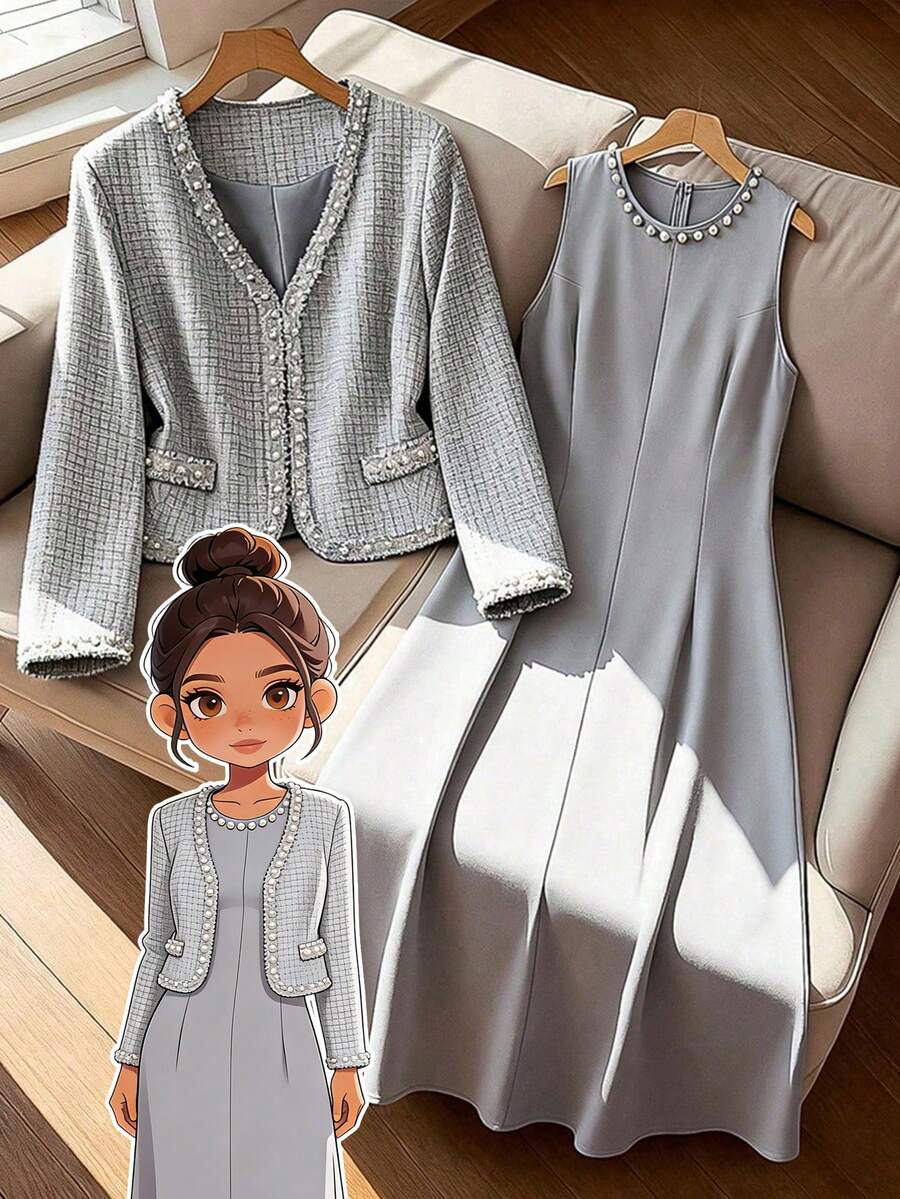 GlowEve CURVE Bộ 2 chiếc áo khoác cardigan tay dài cổ chữ V đính hạt ngọc trai màu đen tương phản thanh lịch dành cho nữ cỡ lớn và váy maxi cổ tròn đính ngọc trai, phù hợp mặc thường ngày, đi làm, dự tiệc vào mùa thu/đông - Màu Xám nhạt - Xem 1