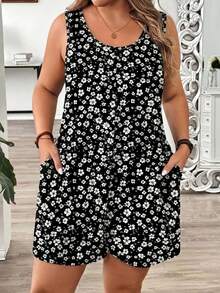 EMERY ROSE Plus Size Women Casual Floral Print Romper For Summer Vacation - Multicolor - View 1