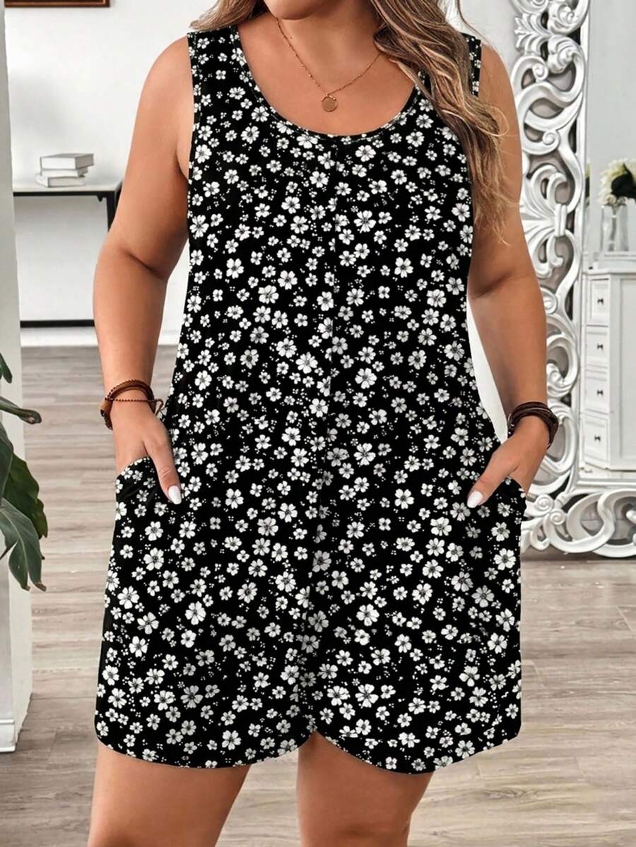 EMERY ROSE Plus Size Women Casual Floral Print Romper For Summer Vacation - Multicolor - View 1