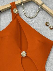 Bonvoyette Solid Color Hollow Out Asymmetric Metal Decor Swimsuit, One-Piece, Suitable For Beach Vacation - Orange - View 6