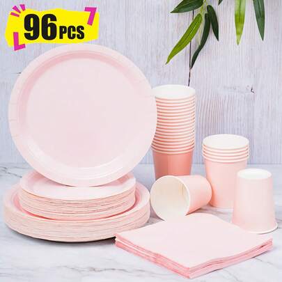 Light Pink Disposable Dining Plate Napkins And Paper Cups, Disposable Party Supplies Set, Suitable For 24 Guests, Disposable Paper Plate Party Tableware Suitable For Birthdays, Weddings, Themed Parties, Family Picnics
