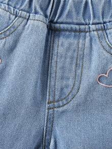 SHEIN Vintaside Kids 女嬰心形刺繡牛仔錐形長褲 秋季 - 藍色 - 查看 4