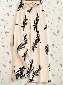 SHEIN LUNE 女士休闲度假风印花抽绳裤 - 杏色 - 查看 4