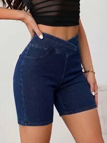 SHEIN Tall Women's Y2K High Waist Biker Denim Shorts Dark Blue Crossover V-Waist Tummy Control Stretchy Summer Outfits Women's High Waist Pocketed Casual Versatile Daily Wear Denim Shorts - Dark Wash - View 3