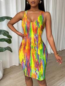 Eryvara Đầm ôm sát không tay xếp ly nhuộm màu tie-dye cho mùa năm mới. - màu xanh lá - Xem 5