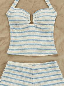 Soleia Bộ đồ nữ kẻ sọc cổ yếm gồm áo tank top và quần short, kiểu dáng thường ngày. - Xanh và trắng - Xem 5