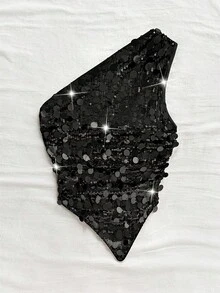 Soleia 女款不對稱領口亮片上衣，黑色，夏季，70年代風，夜店派對，優雅波希米亞熱帶時尚，休閒海灘度假，婚禮賓客，早午餐，音樂節 - 黑色 - 查看 6