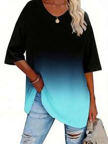 EMERY ROSE Plus Size Women's Gradient Color Round-Neck Short-Sleeved Casual T-Shirt, Summer Floral Print T-Shirt - Multicolor - View 3
