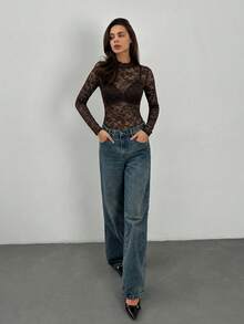 SHEIN Tall 时尚性感透视蕾丝长袖连体衣 - 棕色 - 查看 6