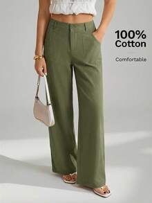 SHEIN Tall 100%水洗棉低腰直筒褲，適合高個女性 - 軍綠色 - 查看 5