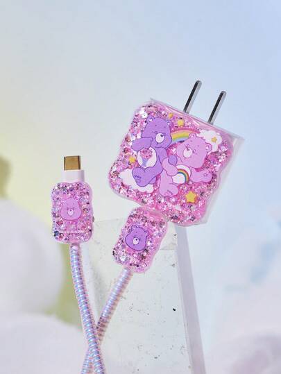 SHEIN X Care Bears 3 件装数据线保护套，适用于 充电器，樱桃印花图案，充电器保护套（不含数据线）
