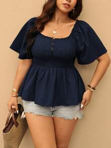 Elaquor Plus Size Women Vacation Solid Color Square Neck Button Down Shirred Ruffle Hem Blouse - Navy Blue - View 8