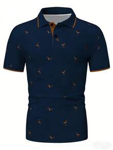 Manfinity Homme Men's Casual Flamingo Print Polo Shirt For Summer - Navy Blue - View 4
