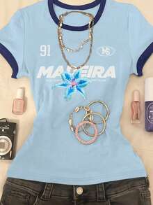 Glimmora 女士圆领撞色滚边字母花卉印花休闲日常短袖T恤 - 藍色 - 查看 4