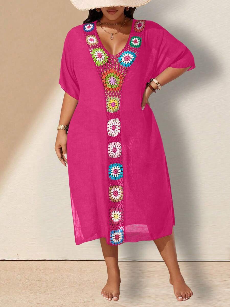 Swim Lushoire Plus Size Women Crochet Knit Cover Up Dress For Vacation - Hot Pink - View 1