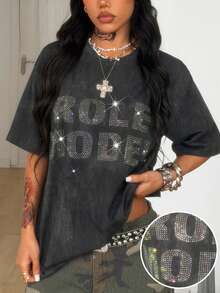 Coolane 灰色水钻字母印花圆领短袖女式T恤 - 灰色 - 查看 3