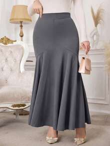 Modelyn Falda de unicolor con cintura alta y dobladillo de sirena para mujer de talla grande - Gris Oscuro - Ver 3