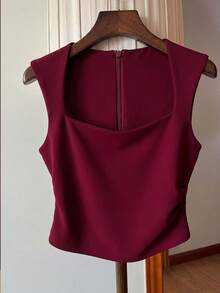 Franclia Camiseta sin mangas de color borgoña sólido con cremallera en la espalda y cintura plisada - Burdeos - Ver 4