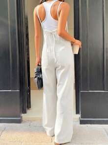 Siren Gaze 女士休闲宽松长款牛仔背带裤/连体裤，蓝色 - 白色 - 查看 5