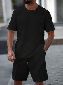 Manfinity Homme 加大码男士纯色圆领短袖休闲T恤套装，夏季 - 黑色 - 查看 6