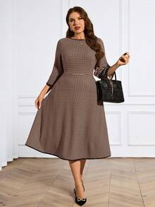 Miaspire Plus Size Women's Summer Casual Vacation Elegant Plaid Vintage Round Neck 3/4 Sleeve Dress,Spring Break Outfits ,Vacation Outfits Women ,Holiday Outfits For Women,Going Out Outfits,2026 New Clothes,Simple And Fashionable For Everyday Wear, Elegant Midi Dress Midi Check Dress Elegant Dress Checkered Dress - Coffee Brown - View 1